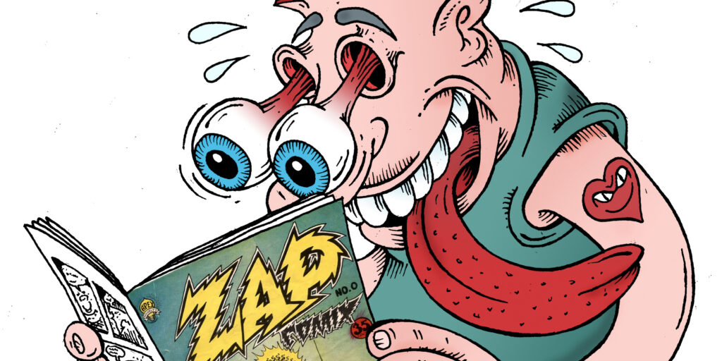 A cartoon character reading a comic book, looking surprised.