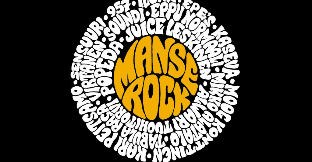 Manserock-logo keltaisella taustalla. Logossa mustalla ympyränmuodossa manserock-bändien nimiä. Keskellä lukee Manserock.