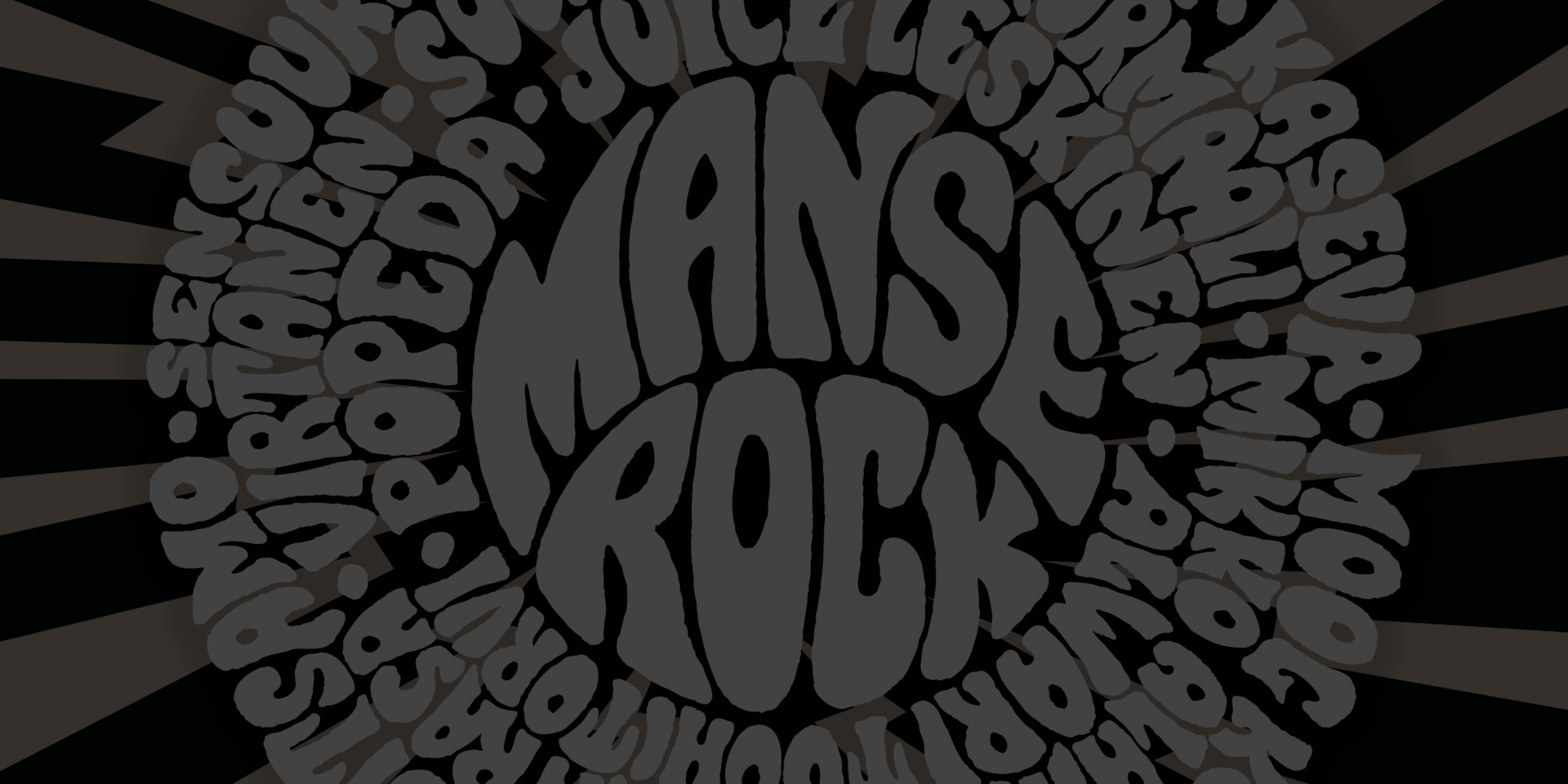 Manserock-logo mustalla pohjalla. Logossa ympyränmuodossa bändien nimiä.