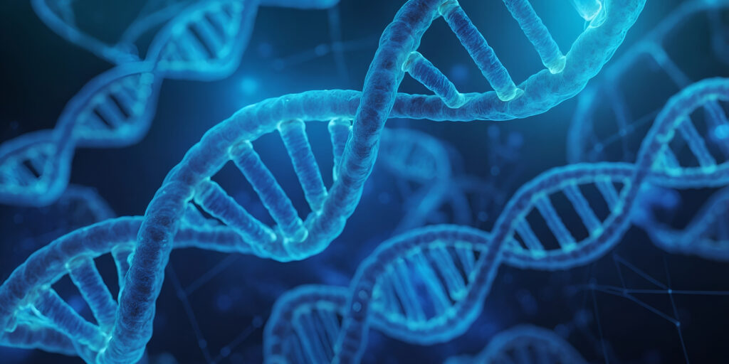 Sinisiä DNA-rihmastoja mustaa taustaa vasten.